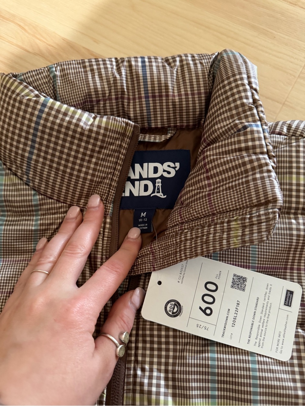 Lands' End Quilted Plaid Vest in Brown with Blue and Cream Stripes - Picture 2 of 3